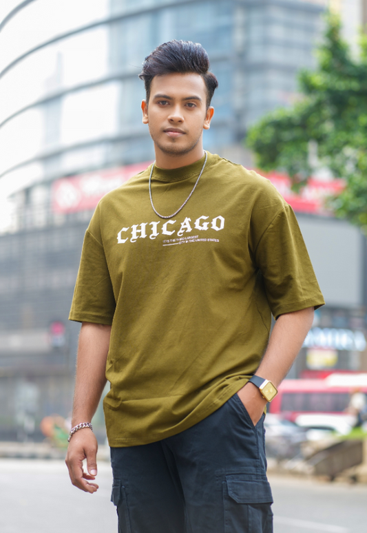Drop Shoulder Print T-Shirt - Chicago olive